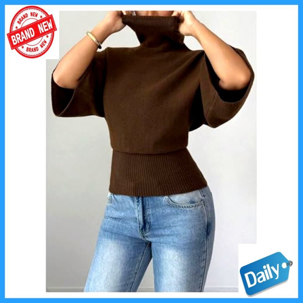 Women's Turtleneck Sweater 3/4 Sleeve Pullover Knitted Business Casual Top - Picture 5 of 5